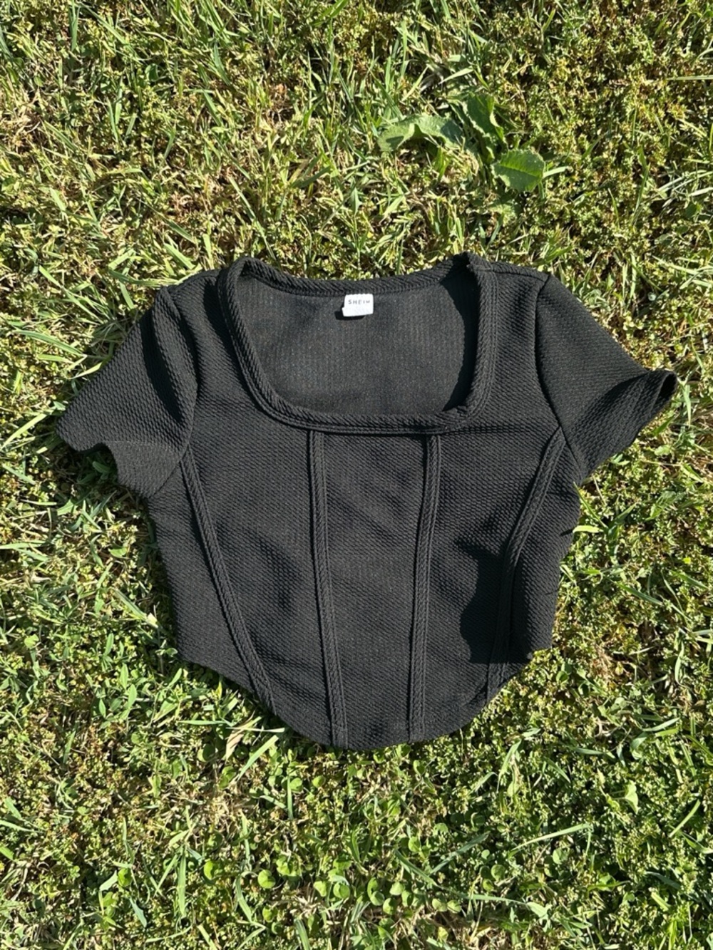 Black Short Sleeve Crop Top with Square Neck